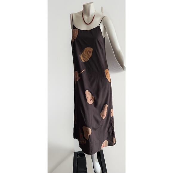 Japanese Noh Faces Brown Midi Slip Dress Fall Japanese Art Wear Lagenlook Medium - Picture 6 of 16